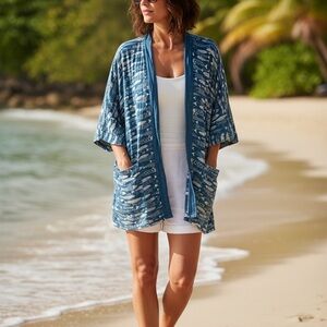 Blue Boho Printed Kimono Cover-Up Lightweight Beach cardigan Fish travel kimono